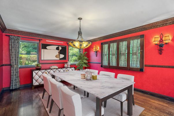 Dining room, Interior, Pendant Lights, Wood Texture Flooring