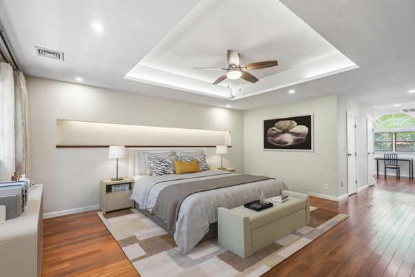 Bedroom, Interior, Recessed Lighting, Wood Texture Flooring
