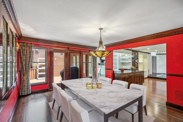 Dining room, Interior, Pendant Lights, Recessed Lighting, Wood Texture Flooring