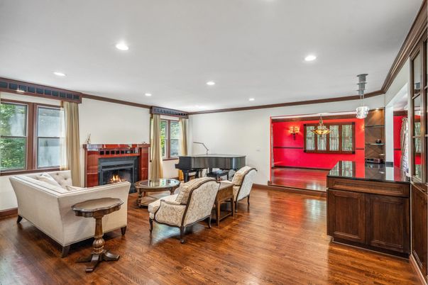 Fireplace, Interior, Living room, Pendant Lights, Piano, Recessed Lighting, Wood Texture Flooring