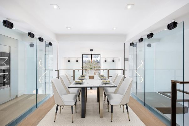 Dining room, Interior, Recessed Lighting, Wood Texture Flooring