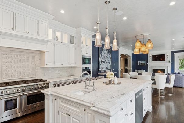 Dining room, Fireplace, Interior, Kitchen, Living room, Pendant Lights, Recessed Lighting, Stainless Steel Appliances, Wood Texture Flooring