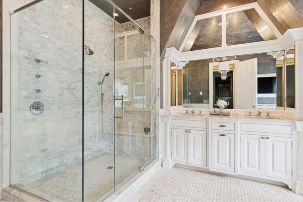 Bathroom, Dual Sink Vanities, Glass Shower, Interior, Stone Walls