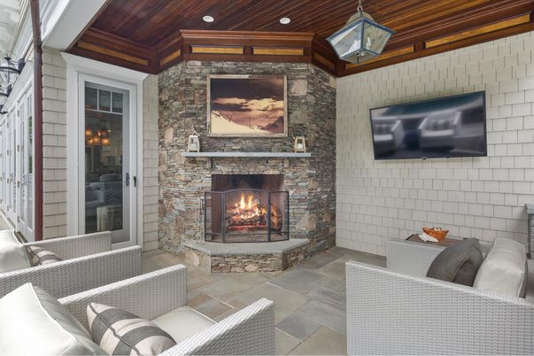 Fireplace, Interior, Living room, Recessed Lighting, Stone Walls, Wooden Ceilings