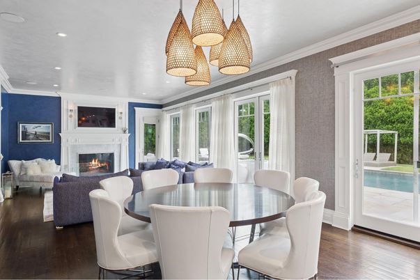 Dining room, Fireplace, Interior, Living room, Pendant Lights, Recessed Lighting, Wood Texture Flooring