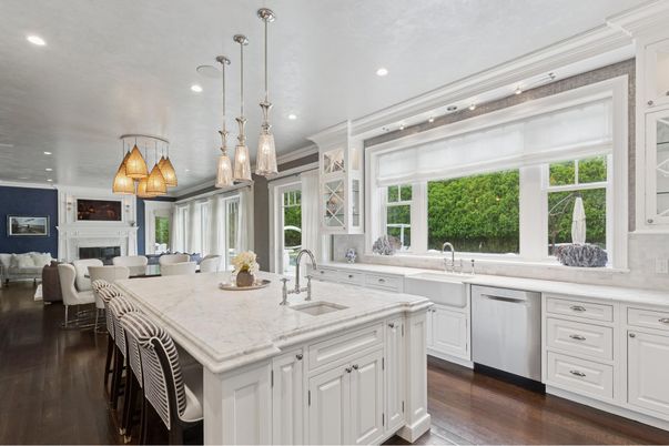 Dining room, Fireplace, Interior, Kitchen, Pendant Lights, Recessed Lighting, Wood Texture Flooring