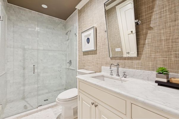 Bathroom, Glass Shower, Interior, Marble, Marble Walls, Recessed Lighting