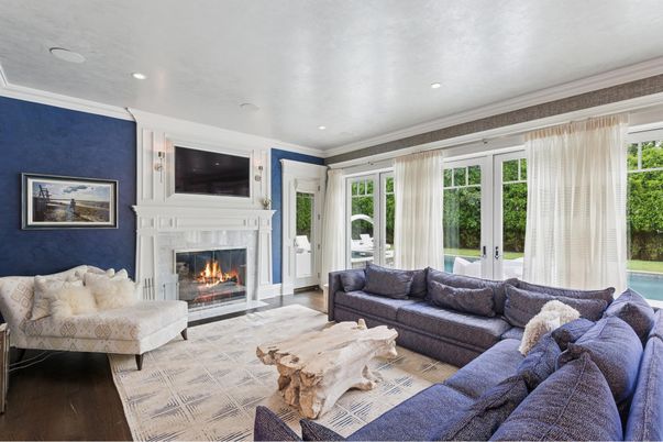 Fireplace, Interior, Living room, Recessed Lighting, Wood Texture Flooring