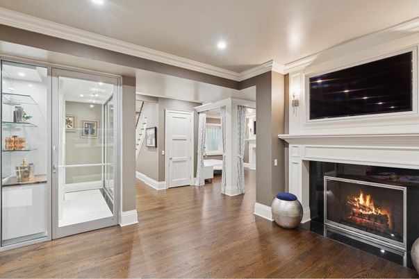 Fireplace, Interior, Recessed Lighting, Wood Texture Flooring