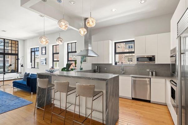Interior, Kitchen, Pendant Lights, Recessed Lighting, Stainless Steel Appliances, Wood Texture Flooring