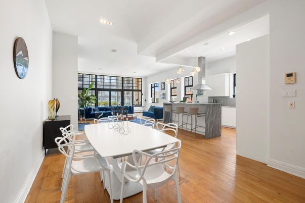 Dining room, Interior, Kitchen, Pendant Lights, Recessed Lighting, Wood Texture Flooring