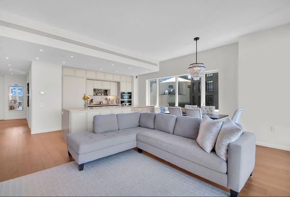 Chandelier, Dining room, Interior, Kitchen, Living room, Pendant Lights, Recessed Lighting, Stainless Steel Appliances, Wood Texture Flooring
