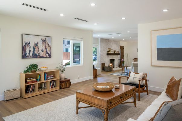 Fireplace, Interior, Living room, Recessed Lighting, Stone Walls, Wood Texture Flooring