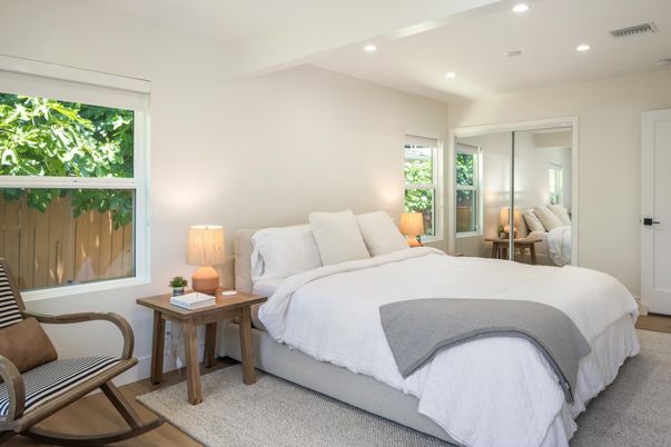 Bedroom, Interior, Recessed Lighting, Wood Texture Flooring