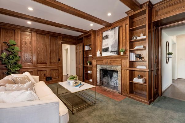 Fireplace, Interior, Living room, Recessed Lighting, Wooden Beams, Wooden Walls