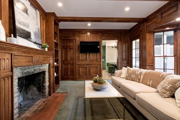 Fireplace, Interior, Living room, Recessed Lighting, Wooden Walls