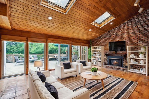 Fireplace, Interior, Living room, Recessed Lighting, Stone Walls, Wooden Ceilings, Wood Texture Flooring