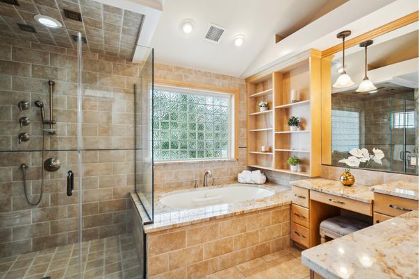 Bathroom, Dual Sink Vanities, Glass Shower, Interior, Recessed Lighting, Stone Walls