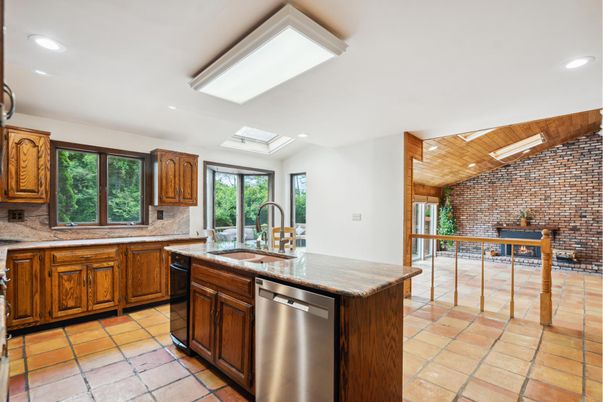 Interior, Kitchen, Recessed Lighting, Stainless Steel Appliances, Stone Walls, Wooden Ceilings