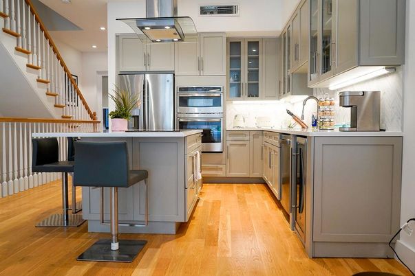 Interior, Kitchen, Recessed Lighting, Stainless Steel Appliances, Wood Texture Flooring