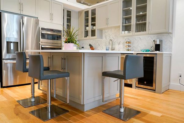 Interior, Kitchen, Marble Walls, Stainless Steel Appliances, Wood Texture Flooring
