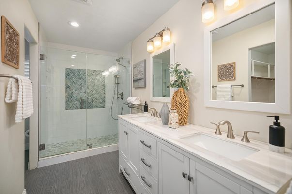 Bathroom, Dual Sink Vanities, Glass Shower, Interior, Recessed Lighting
