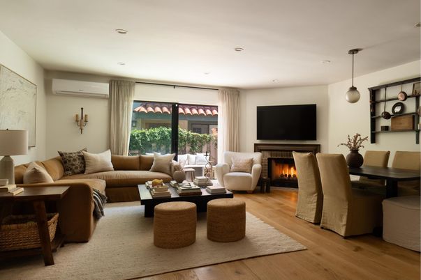 Dining room, Fireplace, Interior, Living room, Pendant Lights, Recessed Lighting, Wood Texture Flooring