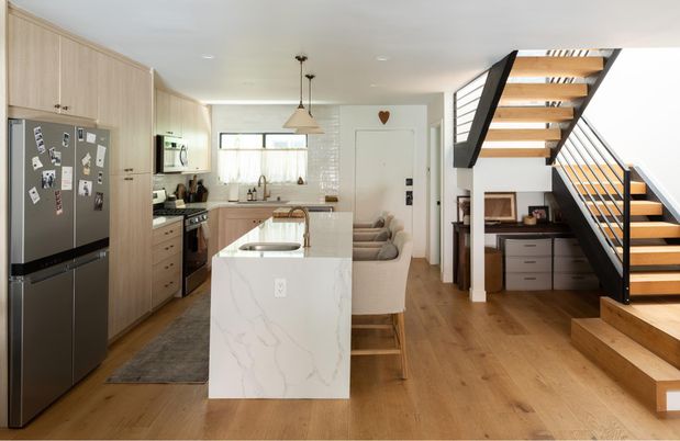 Interior, Kitchen, Pendant Lights, Recessed Lighting, Wood Texture Flooring
