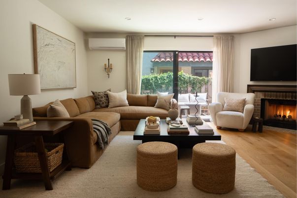 Fireplace, Interior, Living room, Recessed Lighting, Wood Texture Flooring