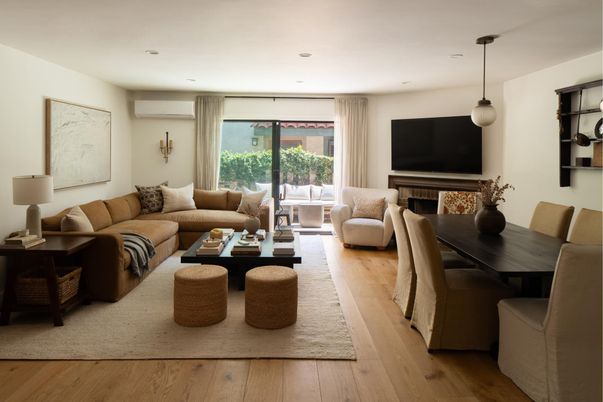 Dining room, Interior, Living room, Pendant Lights, Recessed Lighting, Wood Texture Flooring