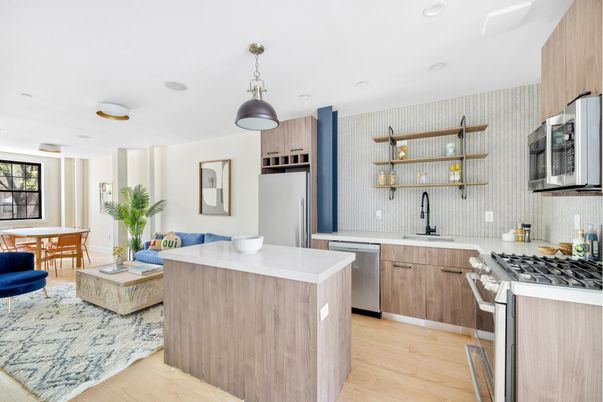 Dining room, Interior, Kitchen, Living room, Pendant Lights, Recessed Lighting, Stainless Steel Appliances, Wood Texture Flooring