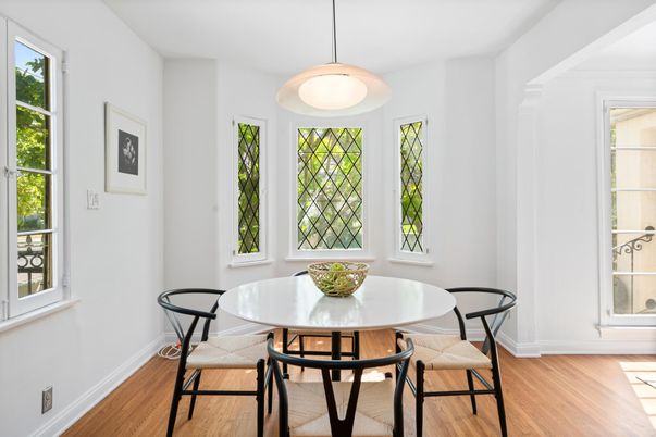 Dining room, Interior, Pendant Lights, Wood Texture Flooring