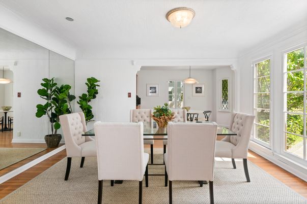 Dining room, Interior, Pendant Lights, Wood Texture Flooring