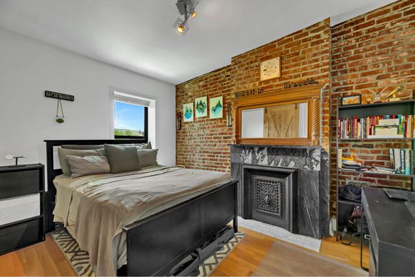 Bedroom, Fireplace, Interior, Stone Walls, Wood Texture Flooring