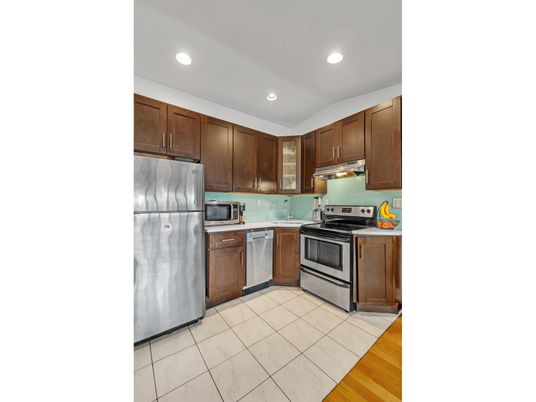 Interior, Kitchen, Recessed Lighting, Stainless Steel Appliances, Wood Texture Flooring