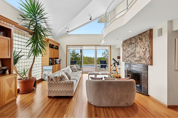 Fireplace, Interior, Living room, Recessed Lighting, Stone Walls, Wood Texture Flooring