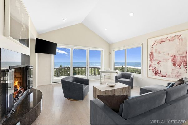 Fireplace, Interior, Living room, Recessed Lighting, Water, Wood Texture Flooring