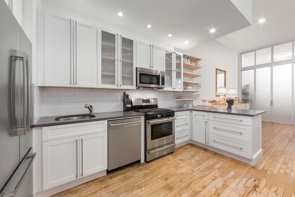 Interior, Kitchen, Recessed Lighting, Stainless Steel Appliances, Wood Texture Flooring