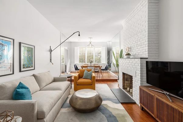 Dining room, Fireplace, Interior, Living room, Stone Walls, Wood Texture Flooring