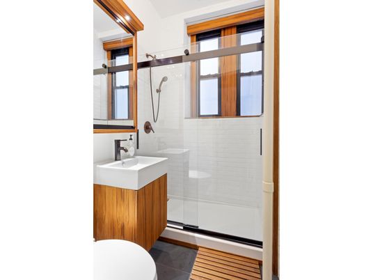 Bathroom, Glass Shower, Interior, Wood Texture Flooring