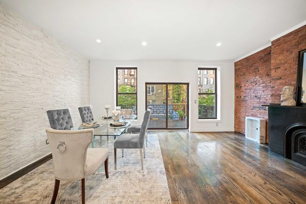 Dining room, Fireplace, Interior, Recessed Lighting, Stone Walls, Wood Texture Flooring