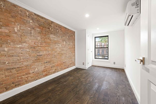 Empty room, Interior, Recessed Lighting, Stone Walls, Wood Texture Flooring
