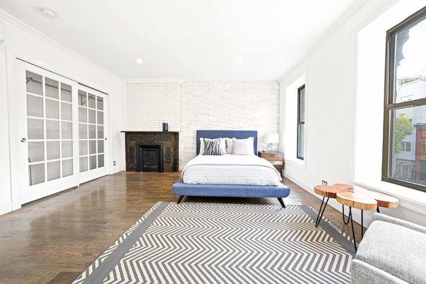 Bedroom, Fireplace, Interior, Recessed Lighting, Wood Texture Flooring