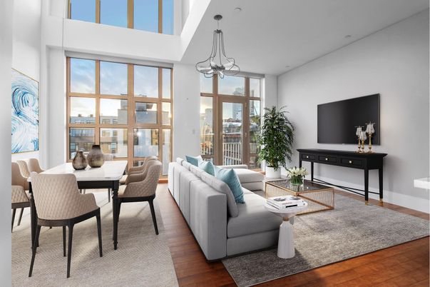 Dining room, Interior, Living room, Pendant Lights, Water, Wood Texture Flooring