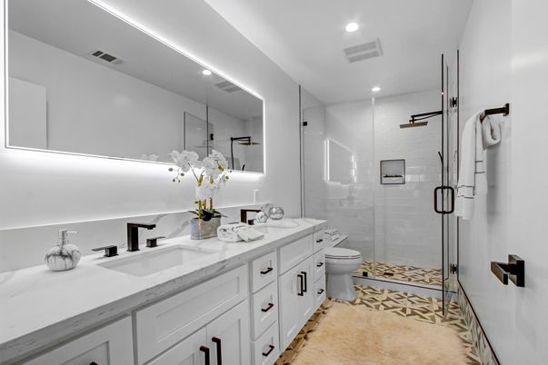 Bathroom, Dual Sink Vanities, Glass Shower, Interior, Recessed Lighting
