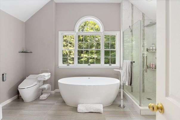 Bathroom, Free Standing Baths, Glass Shower, Interior, Marble Walls