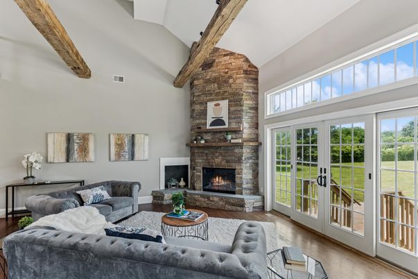 Fireplace, Interior, Living room, Stone Walls, Wooden Beams, Wood Texture Flooring