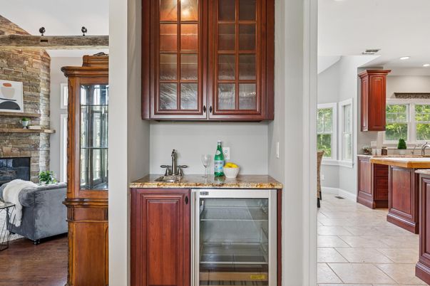 Fireplace, Interior, Kitchen, Recessed Lighting, Stone Walls
