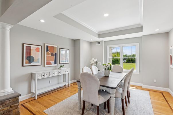 Dining room, Interior, Recessed Lighting, Wood Texture Flooring