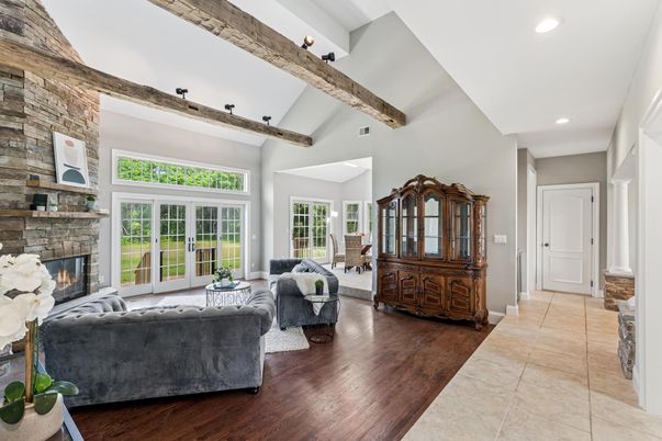 Fireplace, Interior, Living room, Recessed Lighting, Stone Walls, Wooden Beams, Wood Texture Flooring